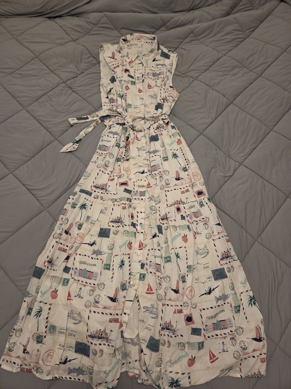 J. Crew White Sleeveless Travel-Print Maxi Dress with Tie Waist